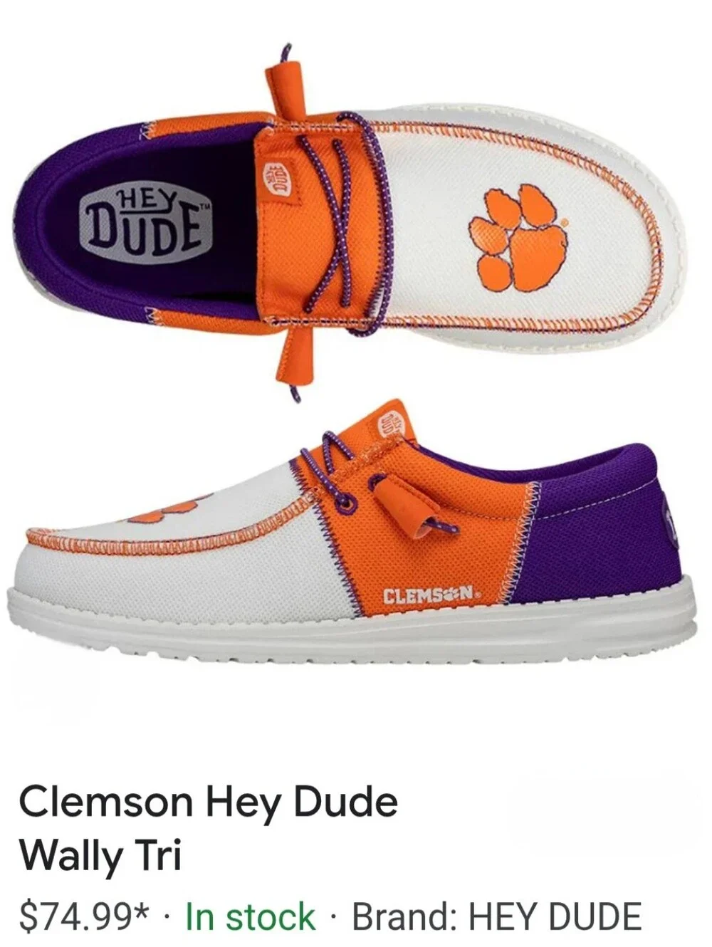 Hey Dude Wally Tri Clemson Mens Size 9 Orange Purple White Walking Slip On Shoes